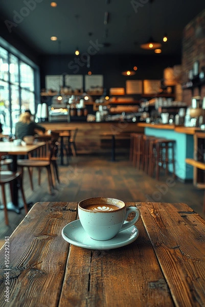 Obraz Cozy coffee shop scene featuring beautifully crafted cup of coffee on rustic wooden table. warm ambiance invites relaxation and enjoyment, perfect for casual meeting or quiet moment