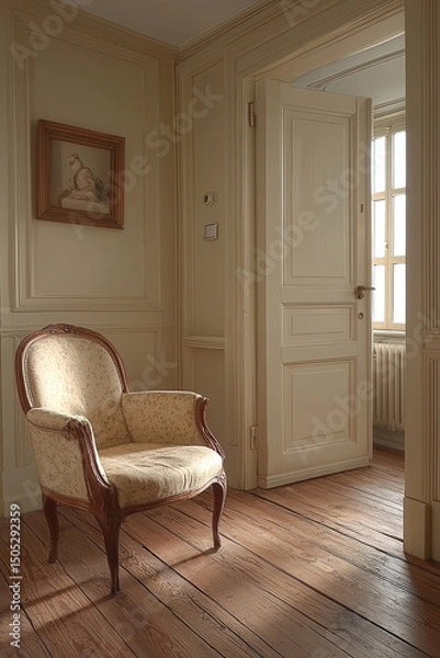 Obraz Cozy interior featuring vintage armchair in softly lit room with wooden flooring and door leading to another space. warm tones create welcoming atmosphere