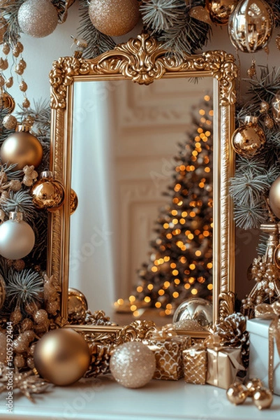 Obraz Beautiful and festive scene featuring vintage ornate mirror surrounded by golden ornaments, sparkling decorations, and Christmas tree in background, evoking warm holiday spirit
