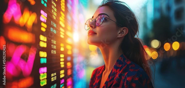 Obraz Confident businesswoman gazes thoughtfully at vibrant stock market display, illuminated by colorful lights. scene captures her determination and focus in bustling urban environment