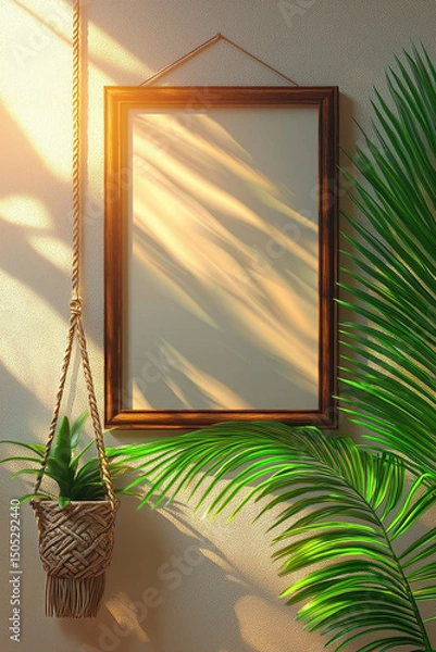 Obraz Beautiful interior scene featuring wooden frame hanging on wall, illuminated by warm sunlight. shadows create serene atmosphere, complemented by hanging plant and lush greenery