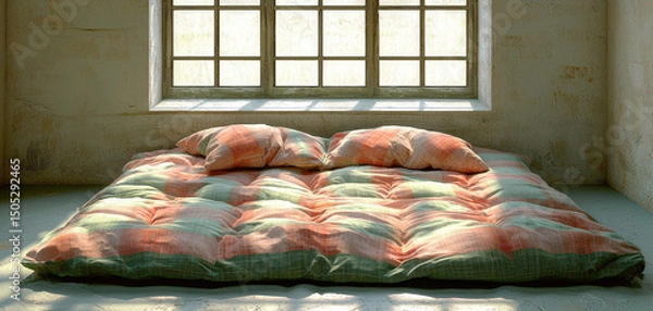 Fototapeta Cozy and inviting bed with colorful cushions is positioned near large window, allowing natural light to fill room. soft textures and warm colors create relaxing atmosphere