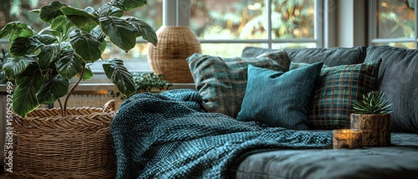 Obraz Cozy living room scene featuring comfortable sofa adorned with decorative pillows and soft throw blanket. large indoor plant adds touch of nature, while warm lighting creates welcoming atmosphere