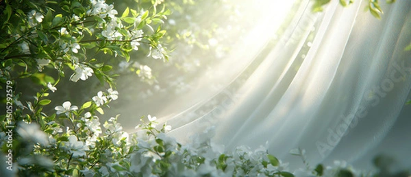 Obraz White flowers surrounded by lush green foliage, illuminated by soft sunlight filtering through sheer fabric. atmosphere evokes tranquility and beauty