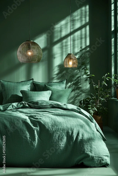 Obraz Bedroom featuring cozy bed adorned with green bedding, complemented by stylish pendant lights and lush plants, creating tranquil atmosphere
