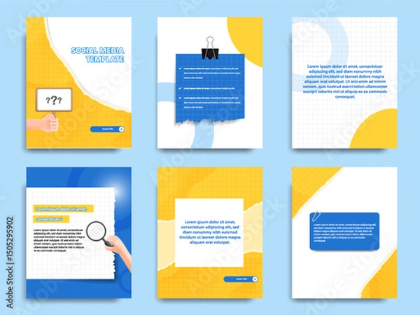 Fototapeta Blue yellow social media tutorial, tips, trick, did you know post banner layout template set with sticky paper note clips design element
