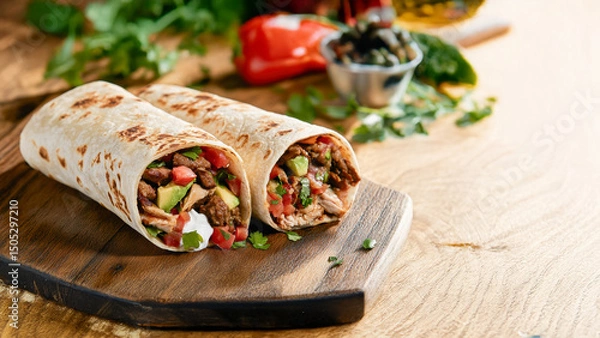 Fototapeta Delicious beef burrito with avocado and salsa on wooden board.