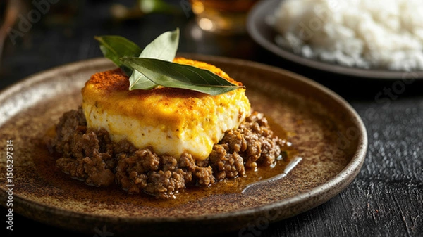 Fototapeta Traditional South African bobotie stew on rustic plate with bay leaves and ground beef.