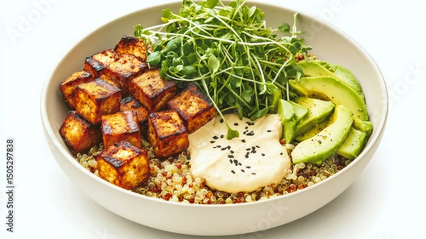 Fototapeta Quinoa bowl with tofu, avocado, microgreens, and creamy dressing. Closeup.