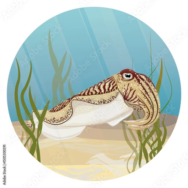 Obraz Round composition. Cuttlefish swim near the sea sandy bottom with growing algae. Realistic vector landscape
