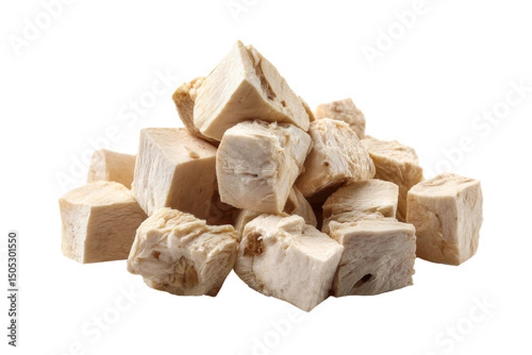 Obraz Pile of freeze dried chicken breast cube,for pets food isolated on transparent background.