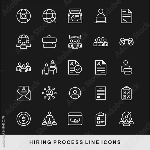 Fototapeta Hiring Process Line Icons. Recruitment, Job Application, Interview, Candidate Selection Vector Set