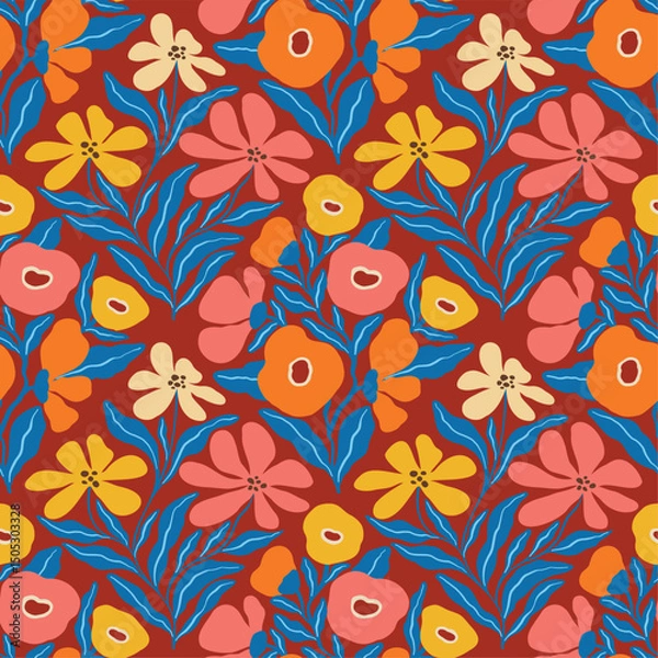 Obraz Seamless vector pattern with bright, colorful flowers on a vivid red background. Bold floral design perfect for fabric, gift wrap, wallpaper, stationery, and festive decorative projects.