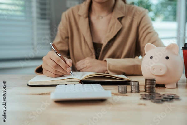 Fototapeta Close-up of woman putting coins into piggy bank, symbol of savings, financial growth, investment, future security, budgeting and basic money management education.