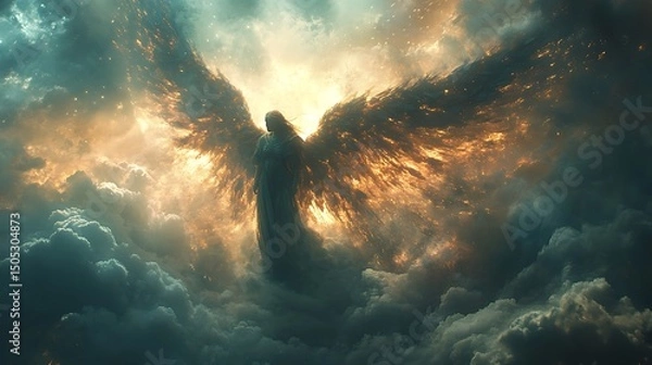 Fototapeta Majestic angel with luminous wings descending through dramatic celestial clouds above the heavens.