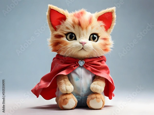 Obraz Charming plush ginger cat wearing a red superhero cape, with big expressive eyes, ready for adventure.