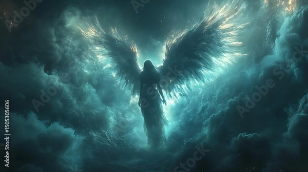 Fototapeta Majestic angelic figure with vast wings amongst dramatic stormy clouds high resolution image
