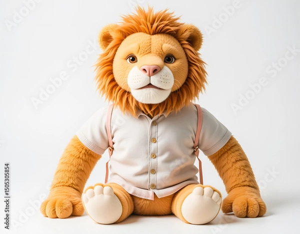 Obraz Cute lion plush toy wearing a collared shirt and suspenders, sitting on a white background.