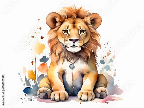 Obraz Close-up of an adorable watercolor lion cub, showcasing its expressive eyes, soft fur texture, and the shimmering heart pendant, surrounded by artistic watercolor splatters.