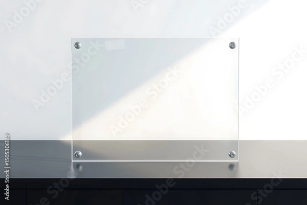 Fototapeta Blank A4 transparent glass office corporate Signage plate Mock Up Template, Clear Printing Board For Branding, Logo. Transparent acrylic advertising signboard mockup front view. 3D rendering.