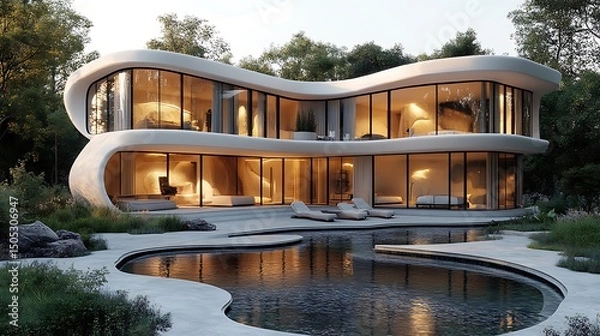 Fototapeta Modern luxury home with swimming pool surrounded by lush greenery in high resolution image