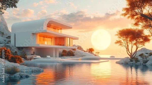 Fototapeta Modern luxury waterfront home at sunset with beautiful lake reflections high resolution image