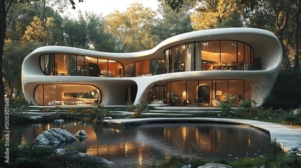 Fototapeta Modern organic architecture luxury house with reflection in a pond and surrounding nature.