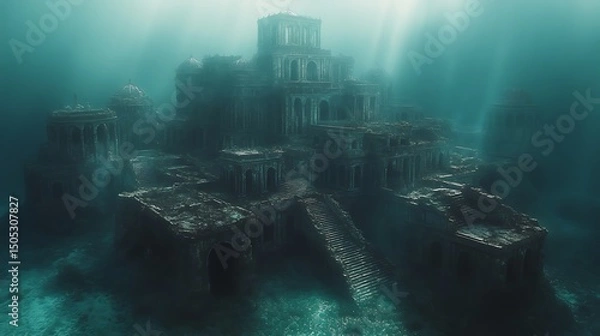 Fototapeta Mysterious underwater ancient ruins temple and majestic architecture submerged beneath the deep ocean water