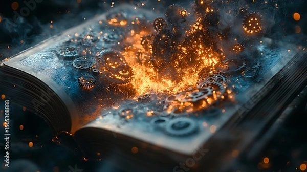 Fototapeta Open book with burning gears and glowing embers creating a surreal and artistic high resolution image