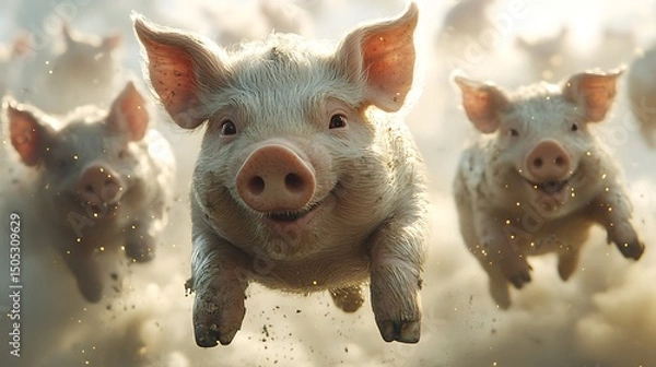 Obraz Playful pigs running with joyous expressions and smiling faces a high resolution image