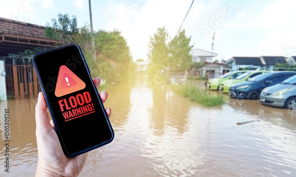 Fototapeta Alert symbol on smartphone over blurred flooding rains in Thailand, flood warning