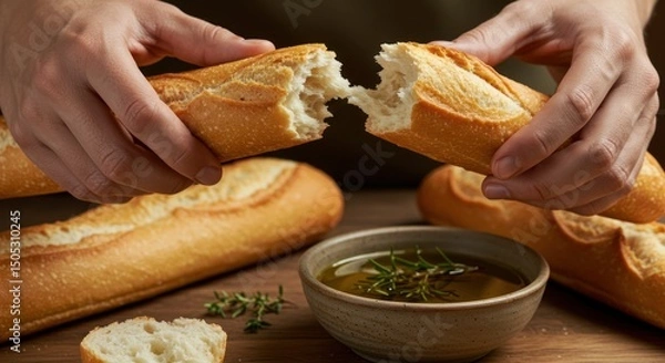 Obraz Artisan Baguette Breaking with Olive Oil and Herbs, a Simple Culinary Experience