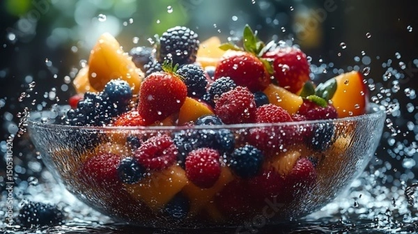 Fototapeta Refreshing bowl of mixed berries and peaches with water splash high resolution image