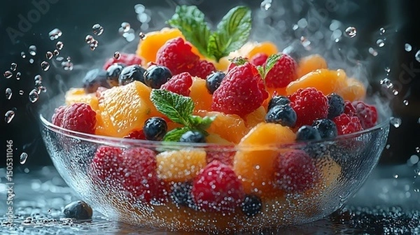 Fototapeta Refreshing fruit salad with blueberries raspberries and oranges in a glass bowl high resolution image