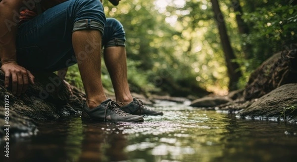 Obraz Refreshing stream stop during casual hike exploring natural outdoor beauty