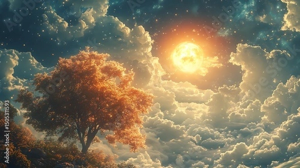 Fototapeta Scenic dreamscape illustration of a luminous sun amongst dreamy clouds and a vibrant tree.