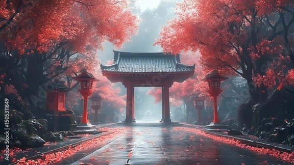 Fototapeta Scenic japanese shrine gate surrounded by red autumn foliage with lanterns in high resolution image