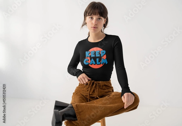 Fototapeta Mockup Of Woman Wearing Customized Top On Stool