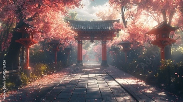 Fototapeta Serene japanese torii gate path lined with cherry blossoms and lanterns a high resolution image
