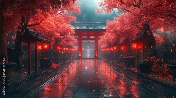 Fototapeta Serene japanese torii gate pathway lined with crimson trees and lanterns in high resolution image