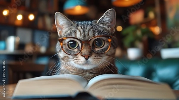Fototapeta Smart cat with glasses reading a book in a cozy cafe setting