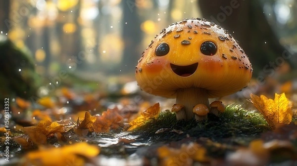 Fototapeta Smiling cartoon mushroom in a forest with autumn leaves and a high resolution image