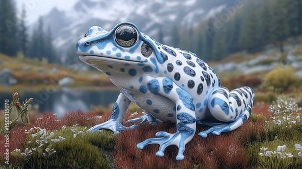Fototapeta Stunning blue spotted frog resting on a mossy hillside with a beautiful nature background