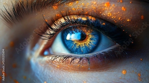 Fototapeta Stunning macro view of a vibrant blue eye with glittery golden particles and striking details high resolution image