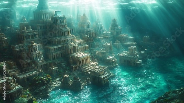 Fototapeta Submerged ancient city revealed underwater with sun rays illuminating the beautiful architecture high resolution image