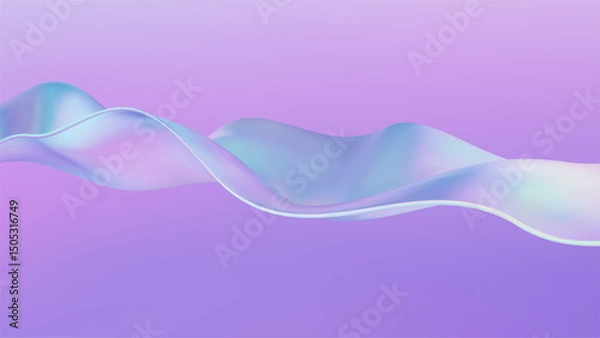 Fototapeta 3D wave abstract liquid background with glass ribbon fluid shapes. Blue gradient holographic elements swirl with iridescent flow and neon light. Transparent flying objects create bright spectral