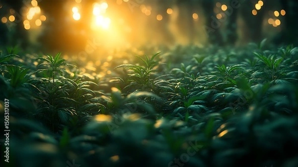 Fototapeta Sunlit forest floor with emerging green plants and soft bokeh golden light