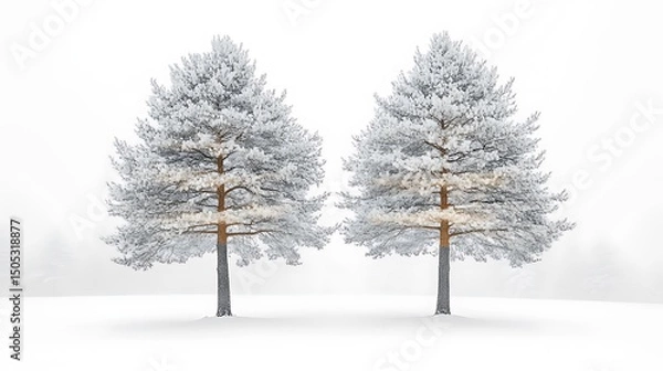 Fototapeta Two snow covered pine trees on a white landscape scenic high resolution image.