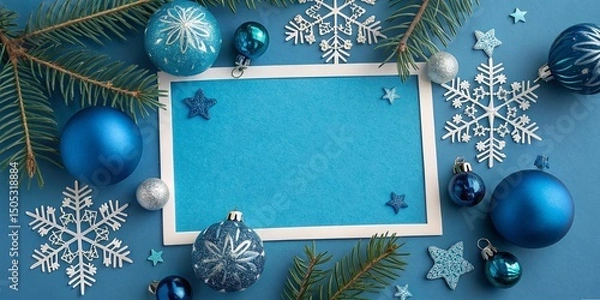 Fototapeta Merry Christmas, festive celebration holiday holidays greeting card- Blue ornaments, christmas baubles frame border decoration, isolated on blue paper table background, top view flat lay