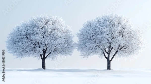 Fototapeta Two snow covered trees in a winter landscape with a high resolution image